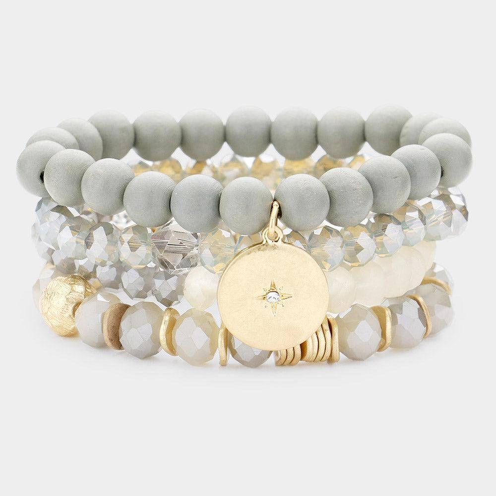 Gray 4PCS North Star Accented Round Charm Wood Faceted Beaded Stretch Bracelets - Jewelry Store by Erik Rayo