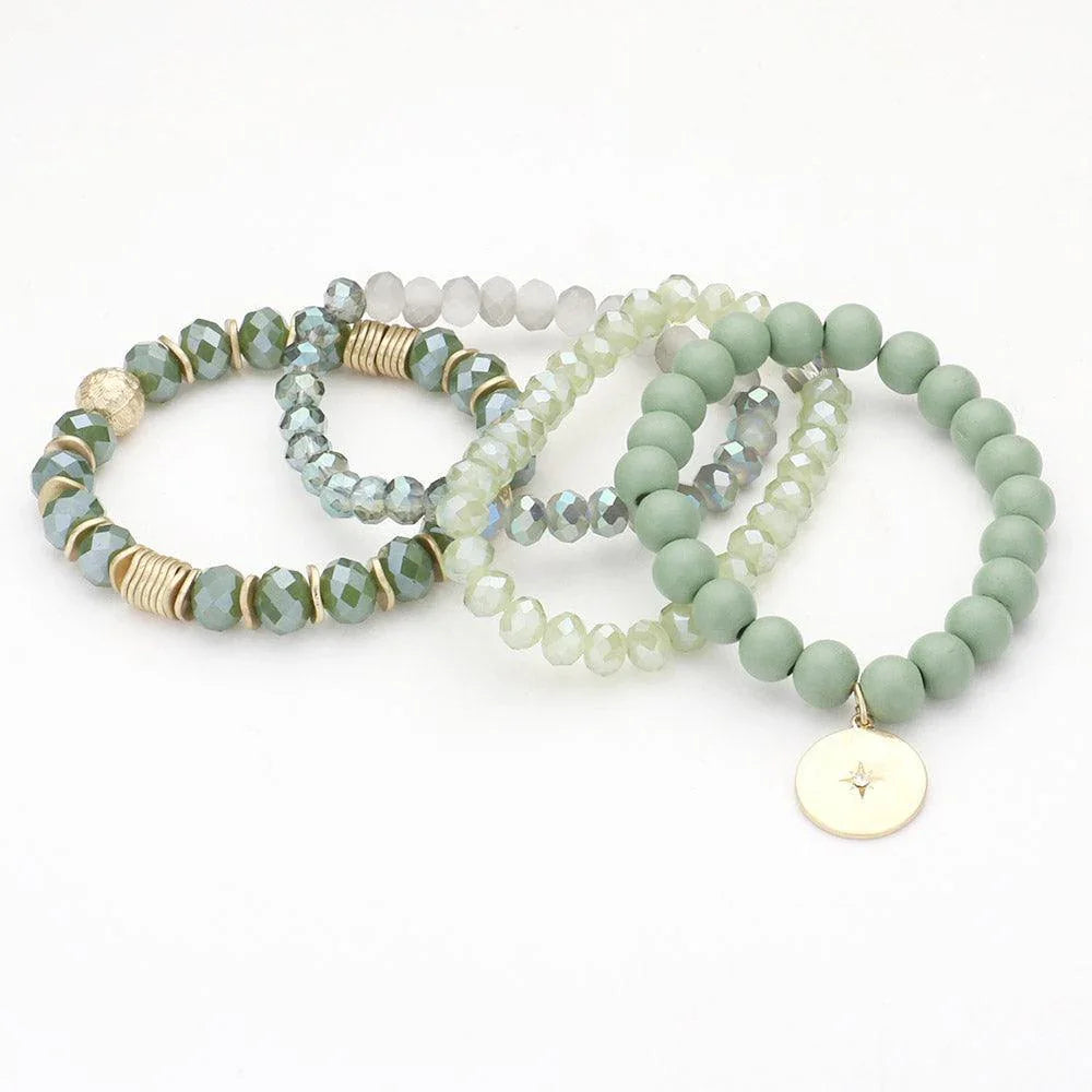 Green 4PCS North Star Accented Round Charm Wood Faceted Beaded Stretch Bracelets - Jewelry Store by Erik Rayo
