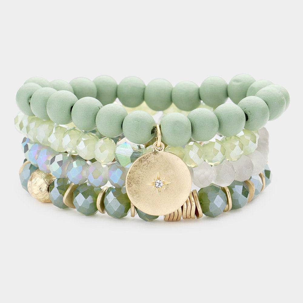 Green 4PCS North Star Accented Round Charm Wood Faceted Beaded Stretch Bracelets - Jewelry Store by Erik Rayo
