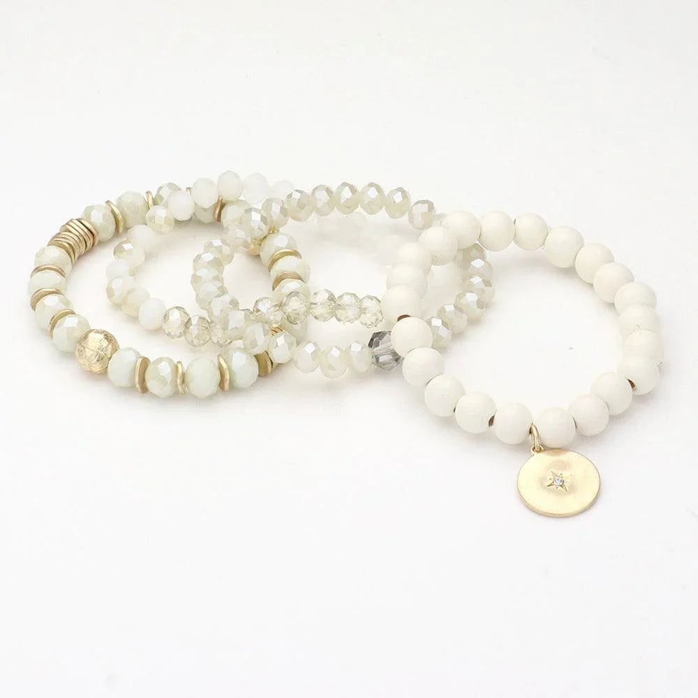 White 4PCS North Star Accented Round Charm Wood Faceted Beaded Stretch Bracelets - Jewelry Store by Erik Rayo
