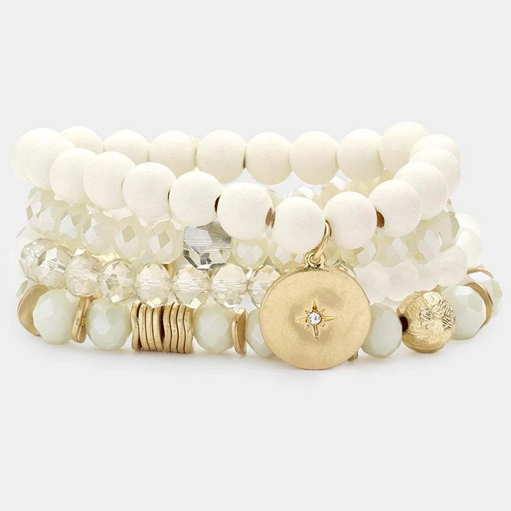 White 4PCS North Star Accented Round Charm Wood Faceted Beaded Stretch Bracelets - Jewelry Store by Erik Rayo