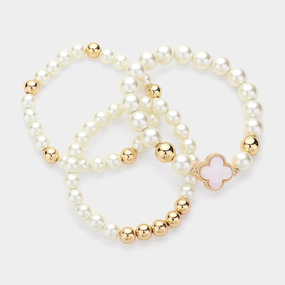 Gold 3PCS - Mother Of Pearl Quatrefoil Pointed Pearl Beaded Stretch Multi Layered Bracelets - Jewelry Store by Erik Rayo