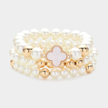 Load image into Gallery viewer, Gold 3PCS - Mother Of Pearl Quatrefoil Pointed Pearl Beaded Stretch Multi Layered Bracelets
