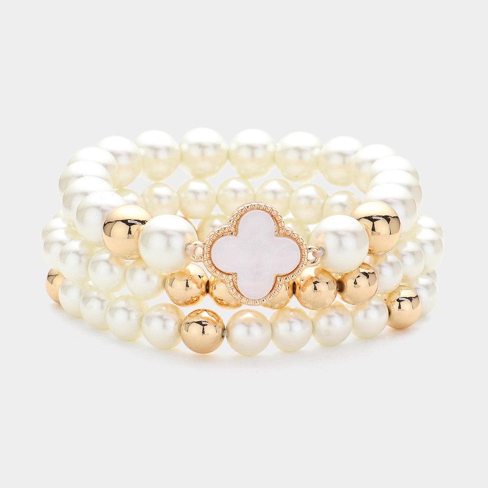 Gold 3PCS - Mother Of Pearl Quatrefoil Pointed Pearl Beaded Stretch Multi Layered Bracelets