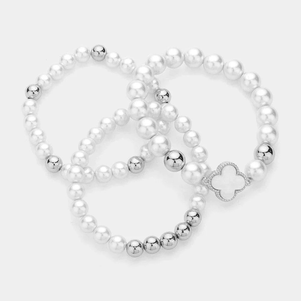 3PCS - Mother Of Pearl Quatrefoil Pointed Pearl Beaded Stretch Multi Layered Bracelets - Jewelry Store by Erik Rayo