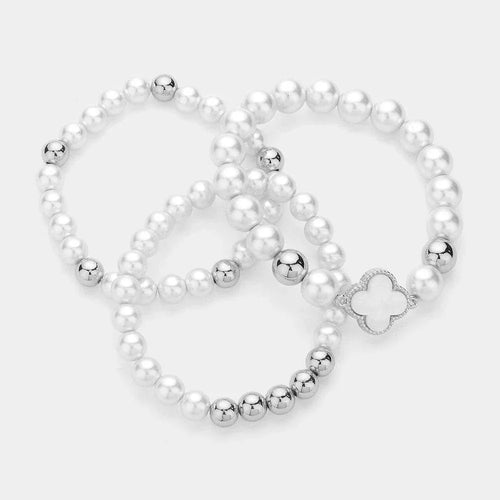 3PCS - Mother Of Pearl Quatrefoil Pointed Pearl Beaded Stretch Multi Layered Bracelets - Jewelry Store by Erik Rayo