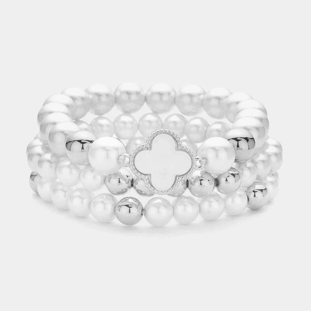 3PCS - Mother Of Pearl Quatrefoil Pointed Pearl Beaded Stretch Multi Layered Bracelets - Jewelry Store by Erik Rayo