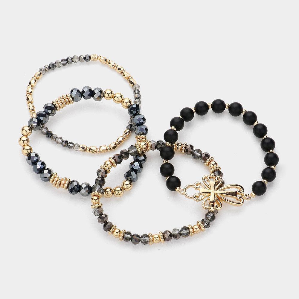 Black 4PCS Metal Cross Pendant Accented Faceted Beads Natural Stone Beaded Stretch Multi Layered Bracelets - Jewelry Store by Erik Rayo