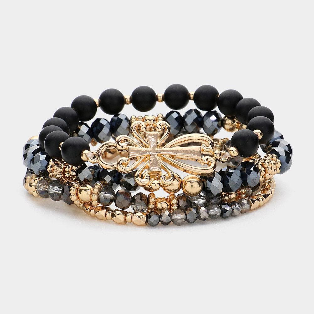 Black 4PCS Metal Cross Pendant Accented Faceted Beads Natural Stone Beaded Stretch Multi Layered Bracelets - Jewelry Store by Erik Rayo