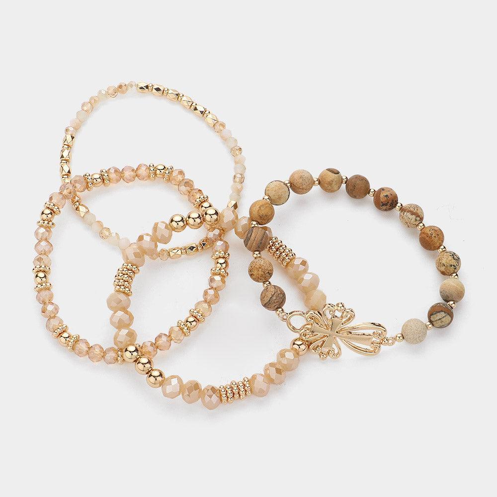 Brown 4PCS - Metal Cross Pendant Accented Faceted Beads Natural Stone Beaded Stretch Multi Layered Bracelets - Jewelry Store by Erik Rayo