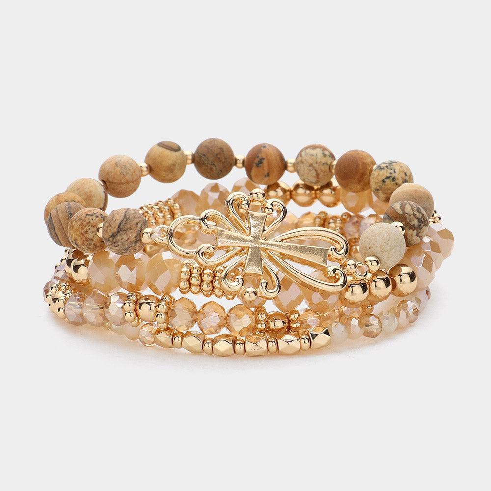 Brown 4PCS - Metal Cross Pendant Accented Faceted Beads Natural Stone Beaded Stretch Multi Layered Bracelets - Jewelry Store by Erik Rayo