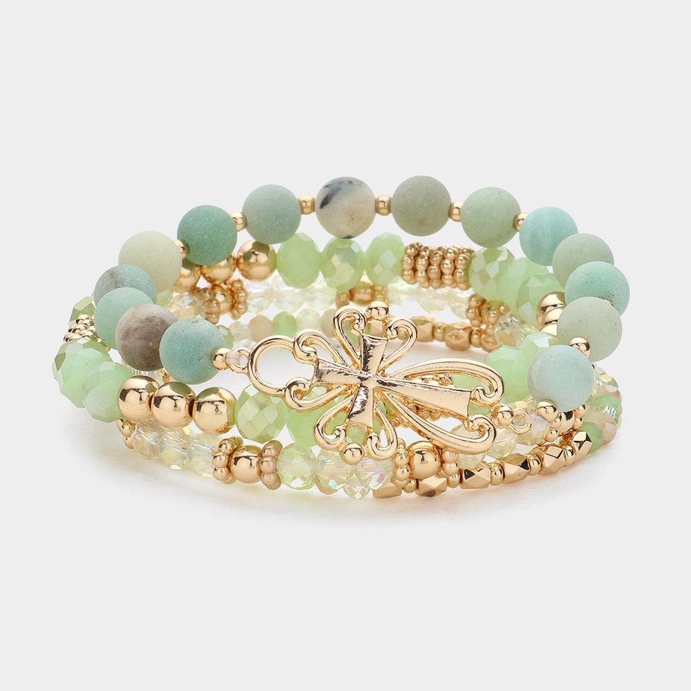 Gold 4PCS - Metal Cross Pendant Accented Faceted Beads Natural Stone Beaded Stretch Multi Layered Bracelets - Jewelry Store by Erik Rayo