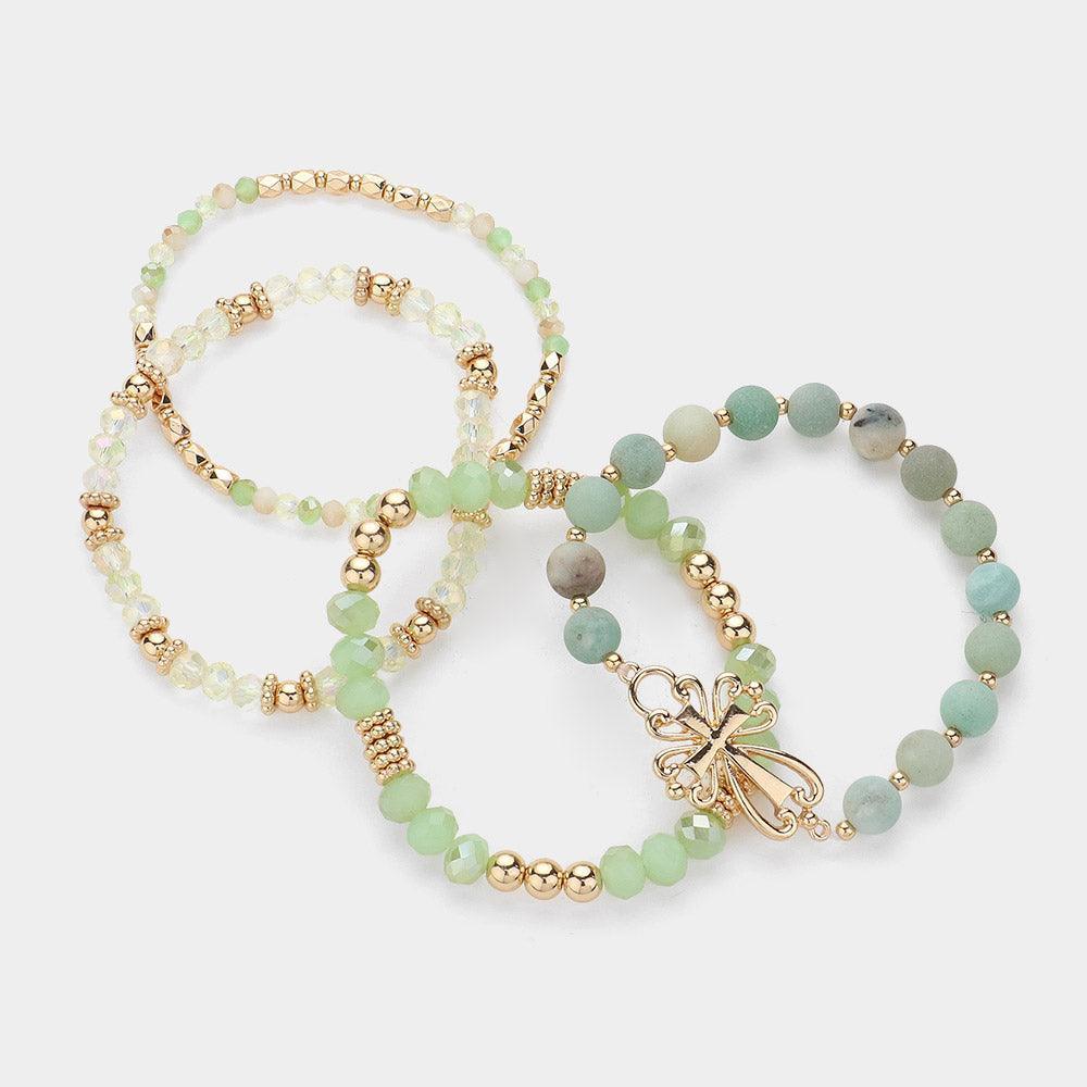 Gold 4PCS - Metal Cross Pendant Accented Faceted Beads Natural Stone Beaded Stretch Multi Layered Bracelets - Jewelry Store by Erik Rayo