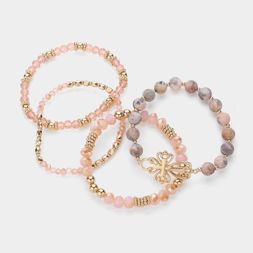 Gold 4PCS - Metal Cross Pendant Accented Faceted Beads Natural Stone Beaded Stretch Multi Layered Bracelets - Jewelry Store by Erik Rayo