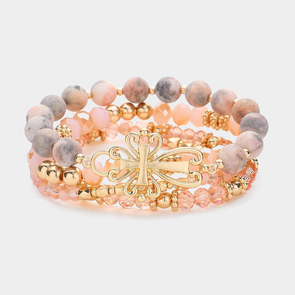 Gold 4PCS - Metal Cross Pendant Accented Faceted Beads Natural Stone Beaded Stretch Multi Layered Bracelets - Jewelry Store by Erik Rayo
