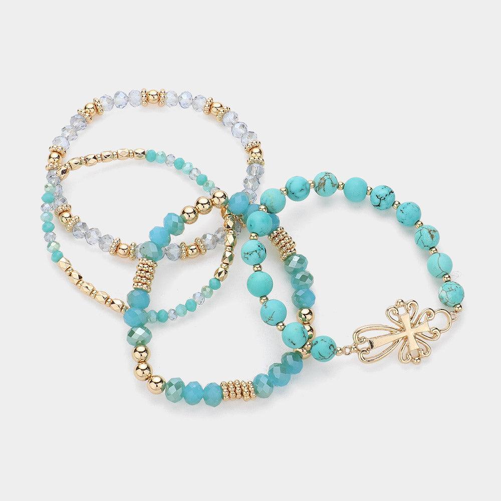 Turquoise 4PCS - Metal Cross Pendant Accented Faceted Beads Natural Stone Beaded Stretch Multi Layered Bracelets - Jewelry Store by Erik Rayo