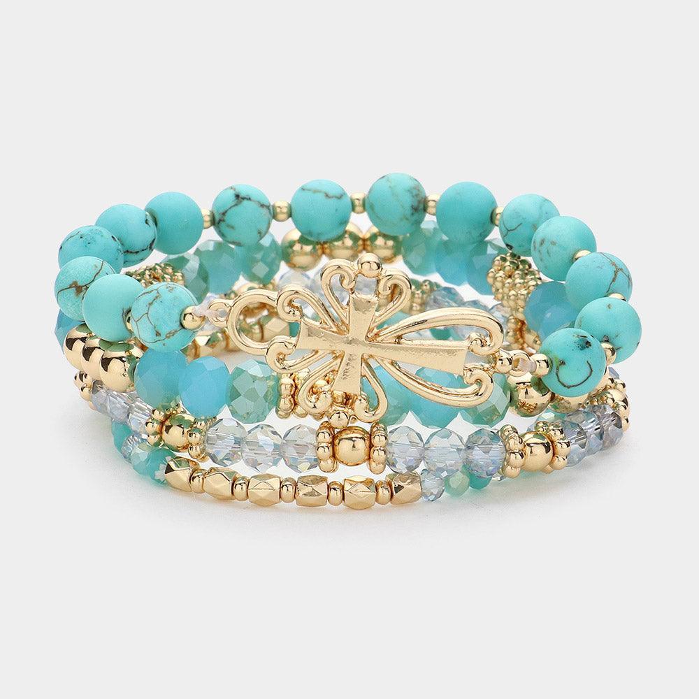 Turquoise 4PCS - Metal Cross Pendant Accented Faceted Beads Natural Stone Beaded Stretch Multi Layered Bracelets - Jewelry Store by Erik Rayo