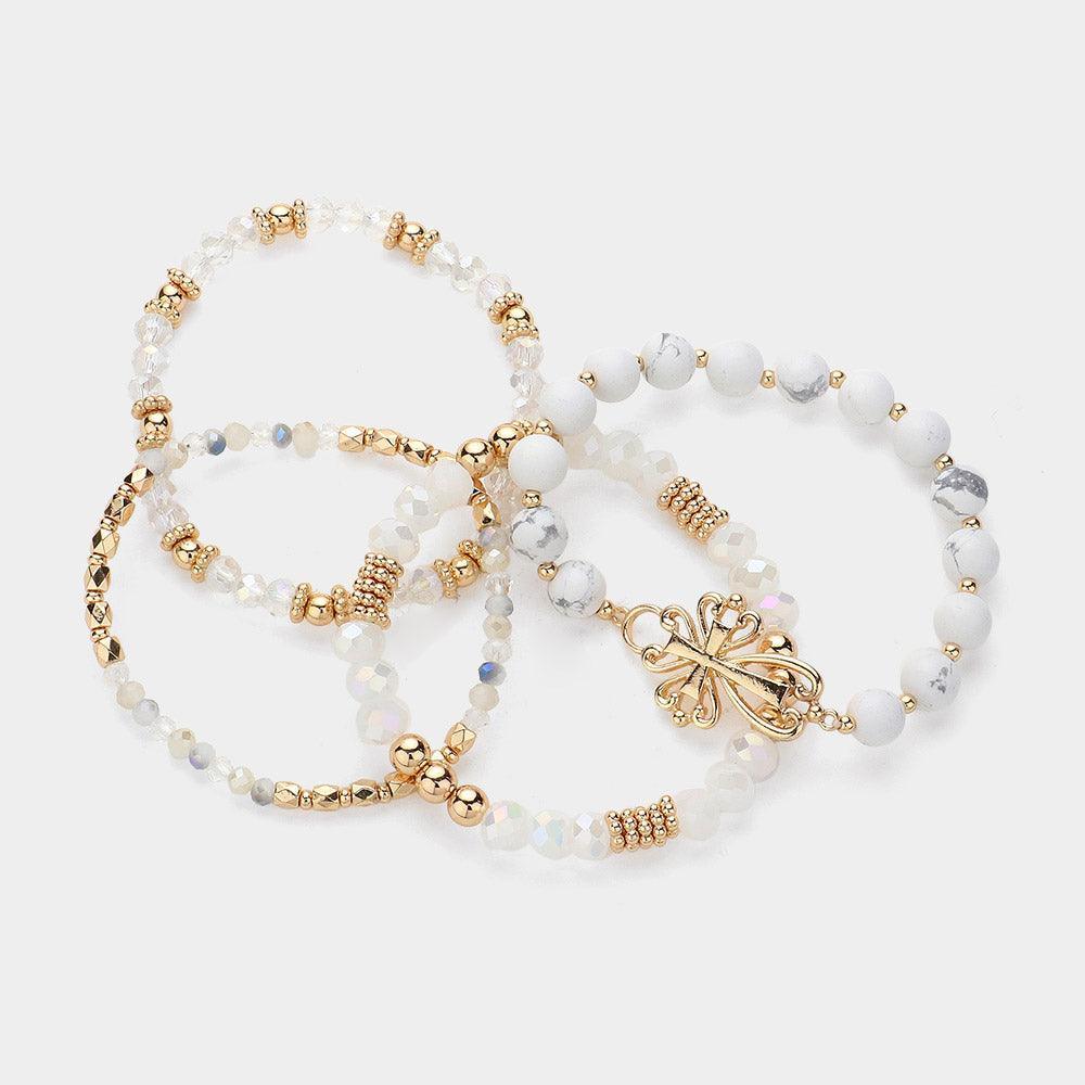 White 4PCS - Metal Cross Pendant Accented Faceted Beads Natural Stone Beaded Stretch Multi Layered Bracelets - Jewelry Store by Erik Rayo