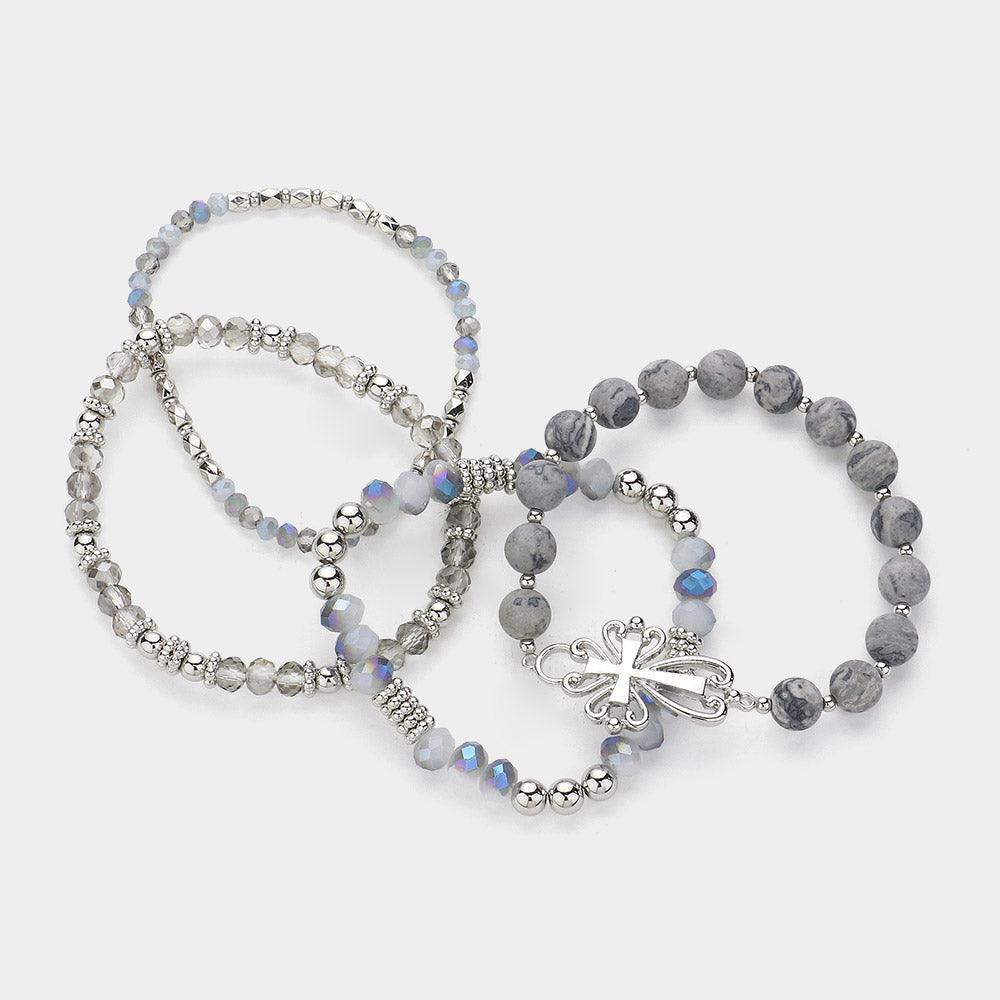 Silver 4PCS Metal Cross Pendant Accented Faceted Beads Natural Stone Beaded Stretch Multi Layered Bracelets - Jewelry Store by Erik Rayo