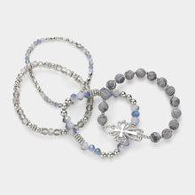 Load image into Gallery viewer, Silver 4PCS  Metal Cross Pendant Accented Faceted Beads Natural Stone Beaded Stretch Multi Layered Bracelets
