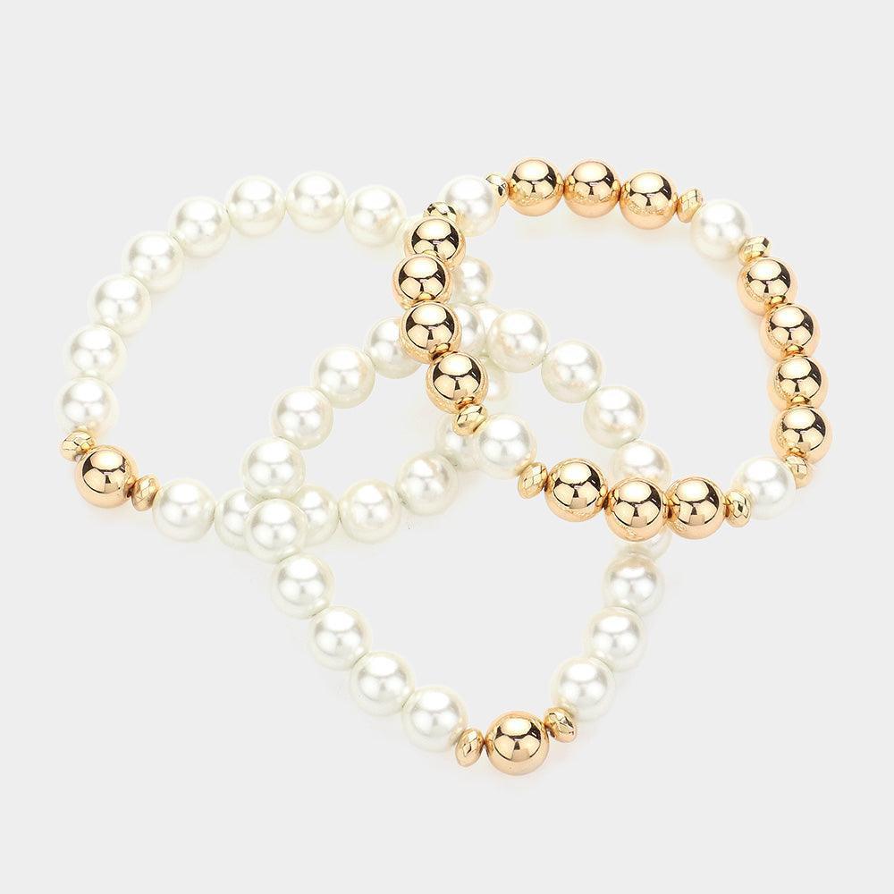 Cream 3PCS - Pearl Metal Ball Beaded Stretch Multi Layered Bracelets - Jewelry Store by Erik Rayo