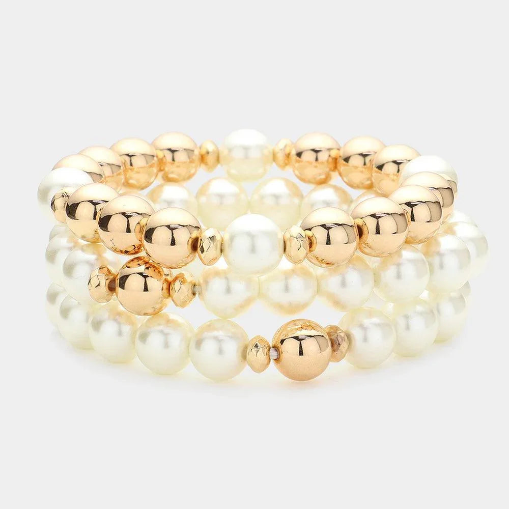 Cream 3PCS - Pearl Metal Ball Beaded Stretch Multi Layered Bracelets - Jewelry Store by Erik Rayo