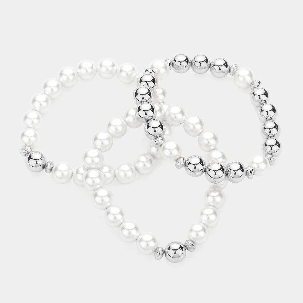 White 3PCS - Pearl Metal Ball Beaded Stretch Multi Layered Bracelets - Jewelry Store by Erik Rayo