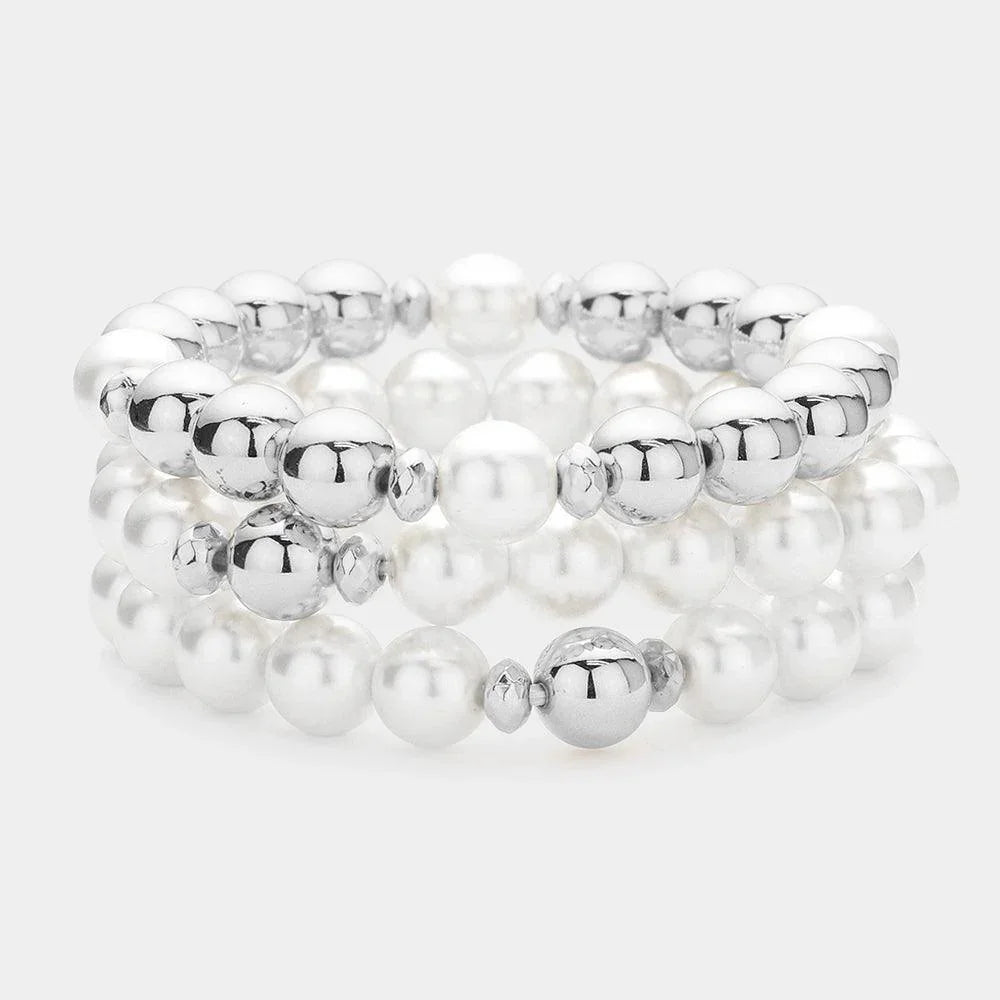 White 3PCS - Pearl Metal Ball Beaded Stretch Multi Layered Bracelets - Jewelry Store by Erik Rayo