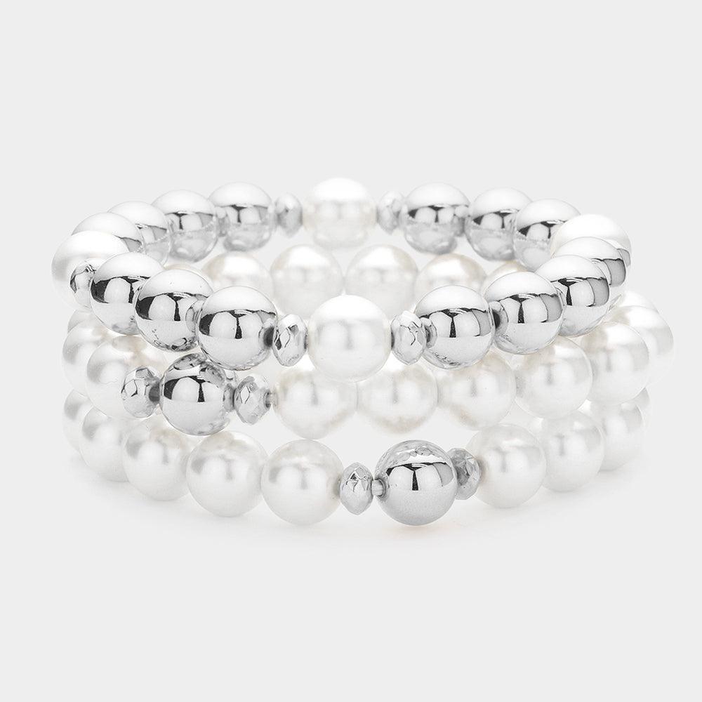 White 3PCS - Pearl Metal Ball Beaded Stretch Multi Layered Bracelets