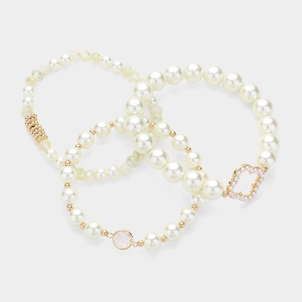 Cream 3PCS - Pearl Paved Open Quatrefoil Pointed Beaded Multi Layered Bracelets - Jewelry Store by Erik Rayo