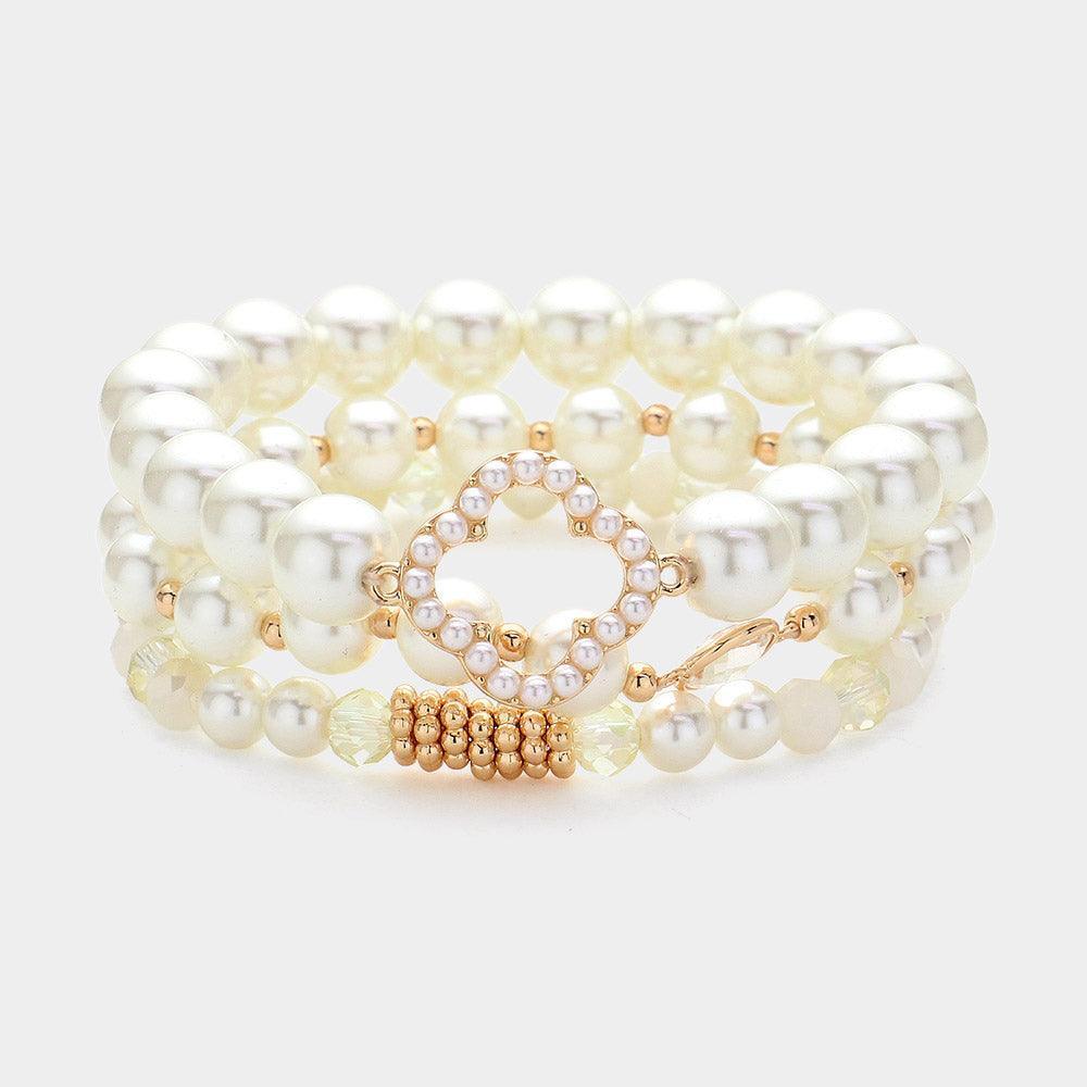 Cream 3PCS - Pearl Paved Open Quatrefoil Pointed Beaded Multi Layered Bracelets - Jewelry Store by Erik Rayo