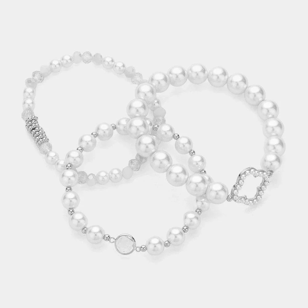 Cream 3PCS - Pearl Paved Open Quatrefoil Pointed Beaded Multi Layered Bracelets - Jewelry Store by Erik Rayo