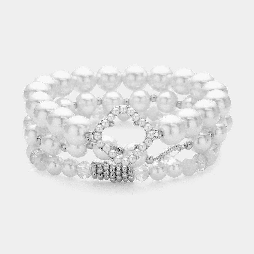 Cream 3PCS - Pearl Paved Open Quatrefoil Pointed Beaded Multi Layered Bracelets - Jewelry Store by Erik Rayo