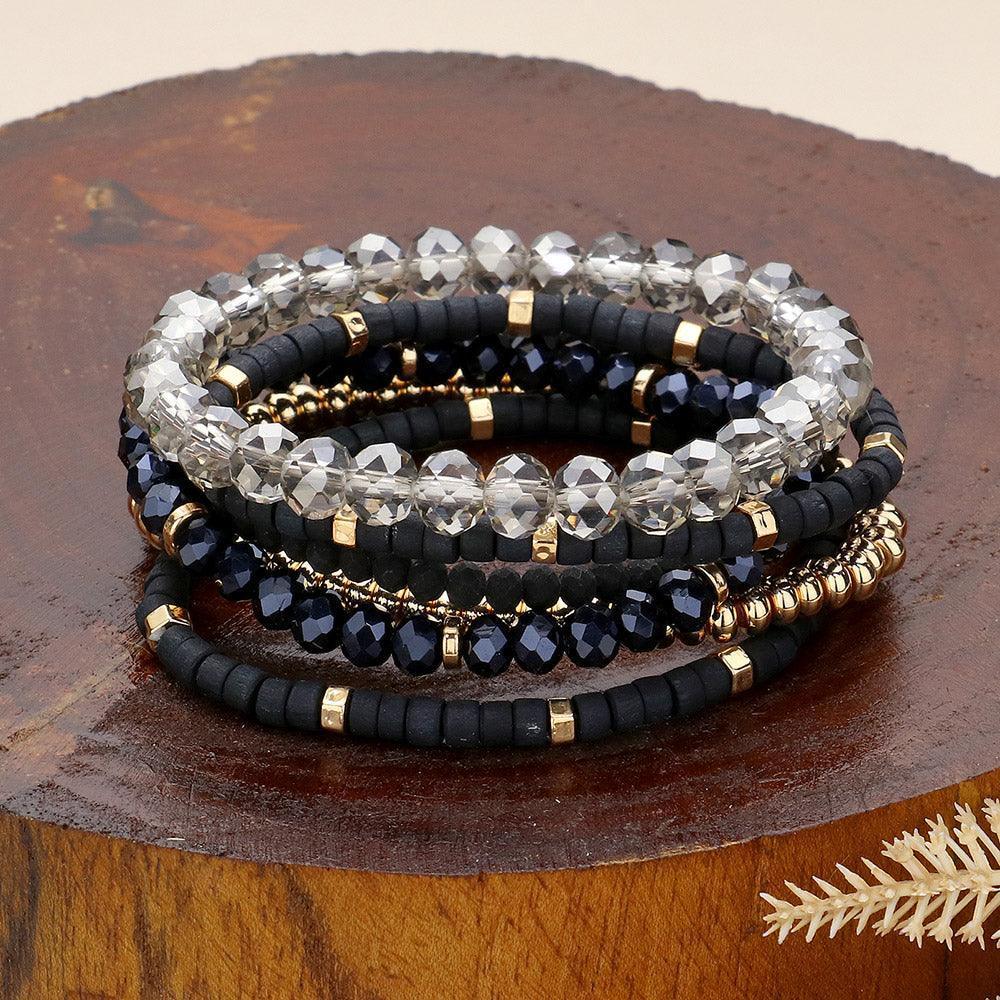 Black 6PCS Faceted Beaded Wood Stretch Multi Layered Bracelets - Jewelry Store by Erik Rayo
