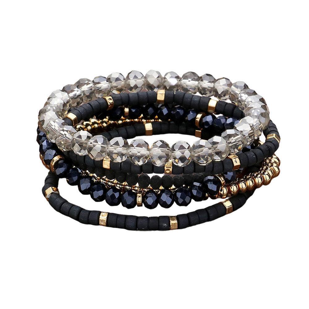 Black 6PCS Faceted Beaded Wood Stretch Multi Layered Bracelets - Jewelry Store by Erik Rayo