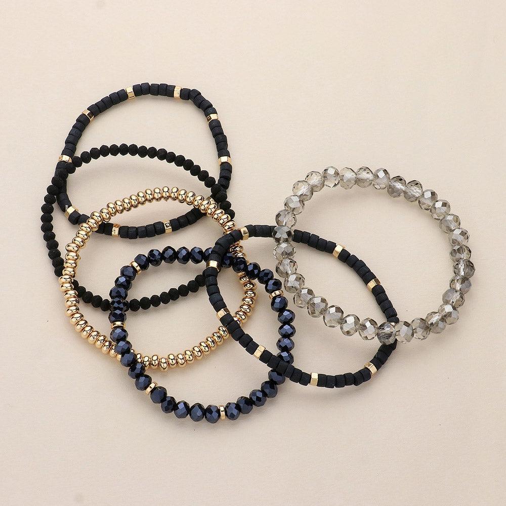 Black 6PCS Faceted Beaded Wood Stretch Multi Layered Bracelets - Jewelry Store by Erik Rayo