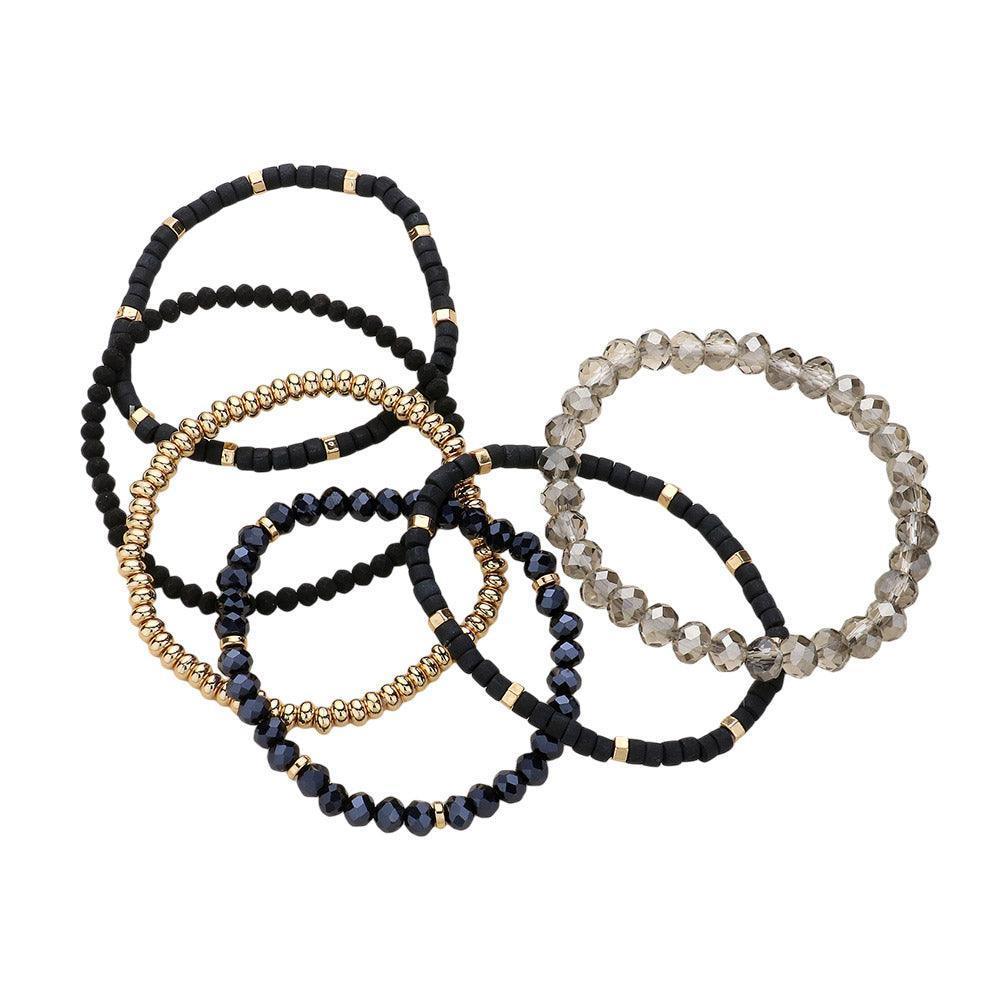 Black 6PCS Faceted Beaded Wood Stretch Multi Layered Bracelets - Jewelry Store by Erik Rayo