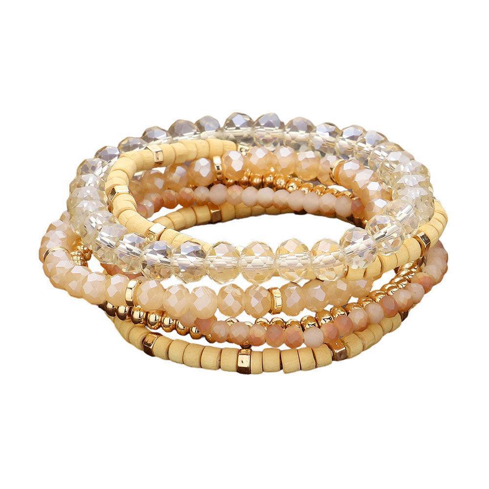 Brown 6PCS - Faceted Beaded Wood Stretch Multi Layered Bracelets - Jewelry Store by Erik Rayo