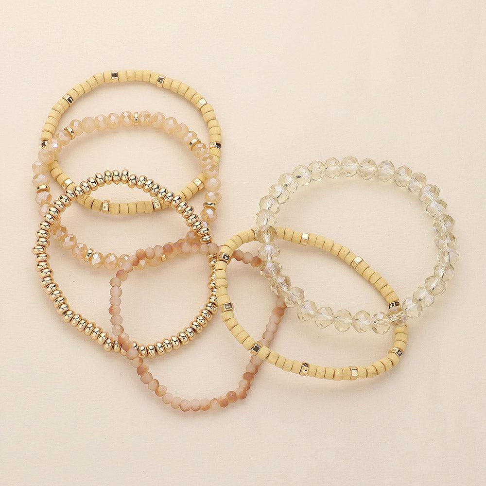 Brown 6PCS - Faceted Beaded Wood Stretch Multi Layered Bracelets - Jewelry Store by Erik Rayo
