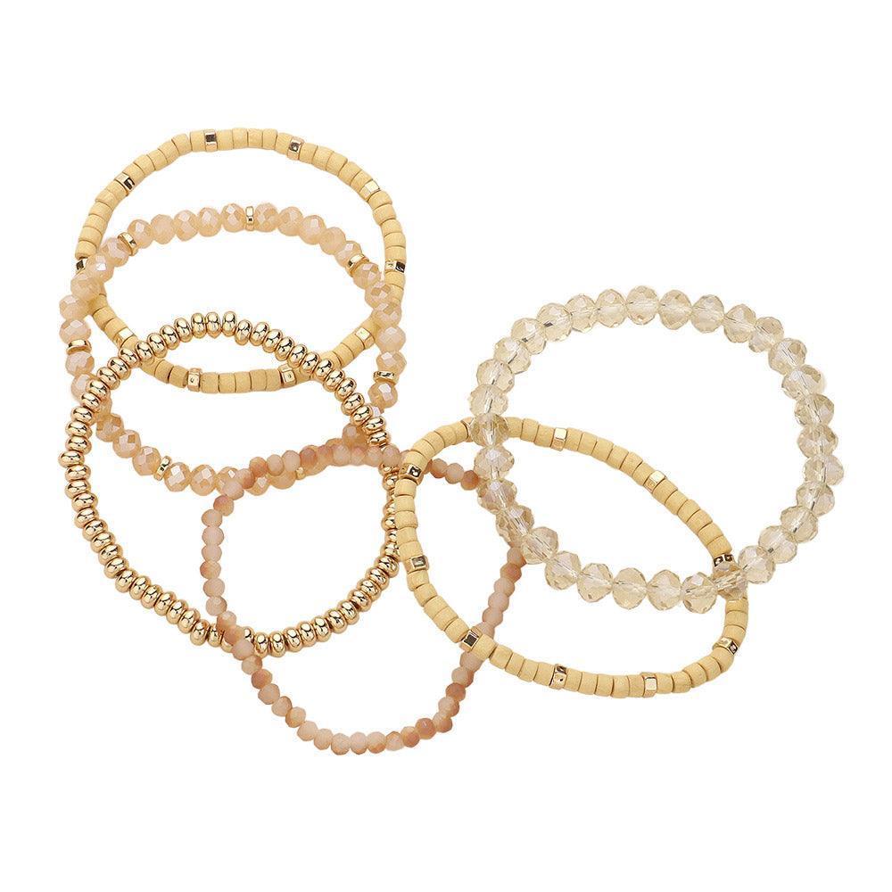 Brown 6PCS - Faceted Beaded Wood Stretch Multi Layered Bracelets - Jewelry Store by Erik Rayo