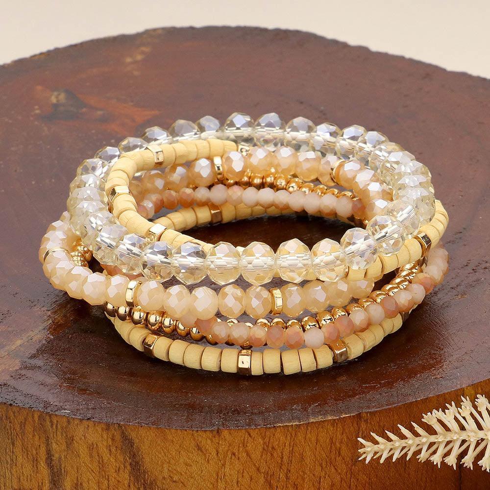 Brown 6PCS - Faceted Beaded Wood Stretch Multi Layered Bracelets - Jewelry Store by Erik Rayo