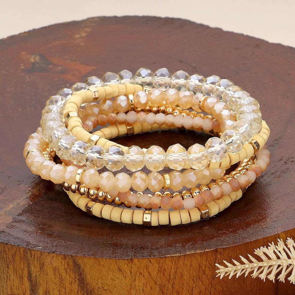 Brown 6PCS - Faceted Beaded Wood Stretch Multi Layered Bracelets