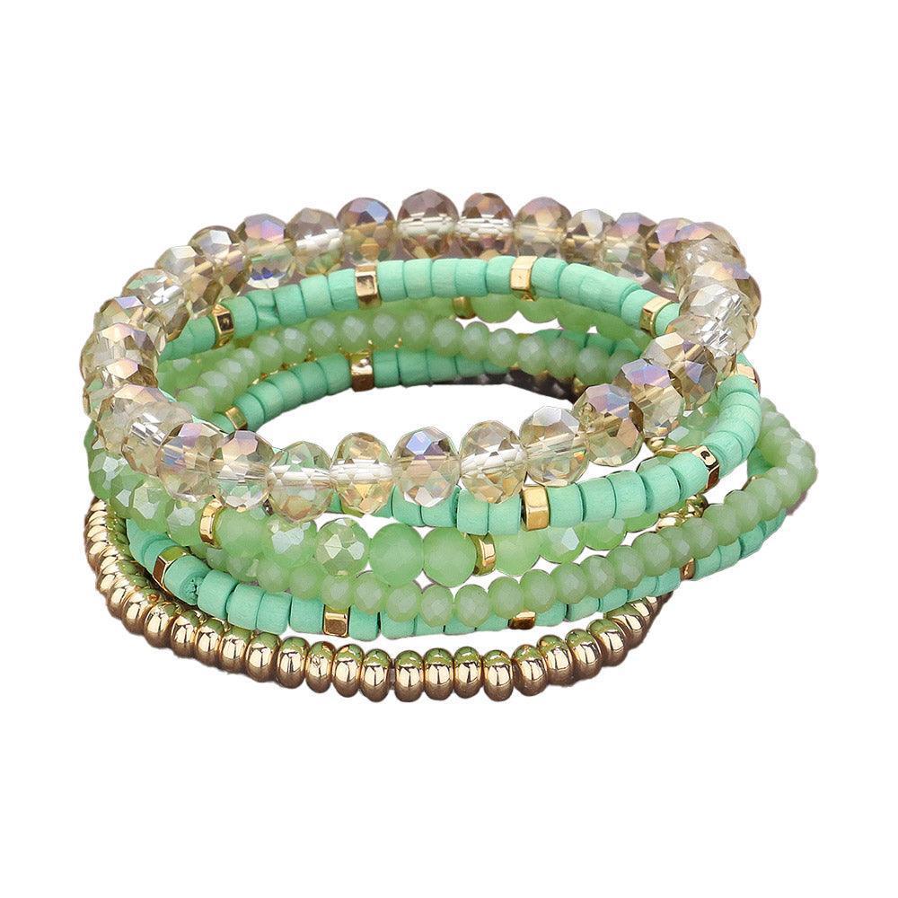 Gold 6PCS - Faceted Beaded Wood Stretch Multi Layered Bracelets - Jewelry Store by Erik Rayo