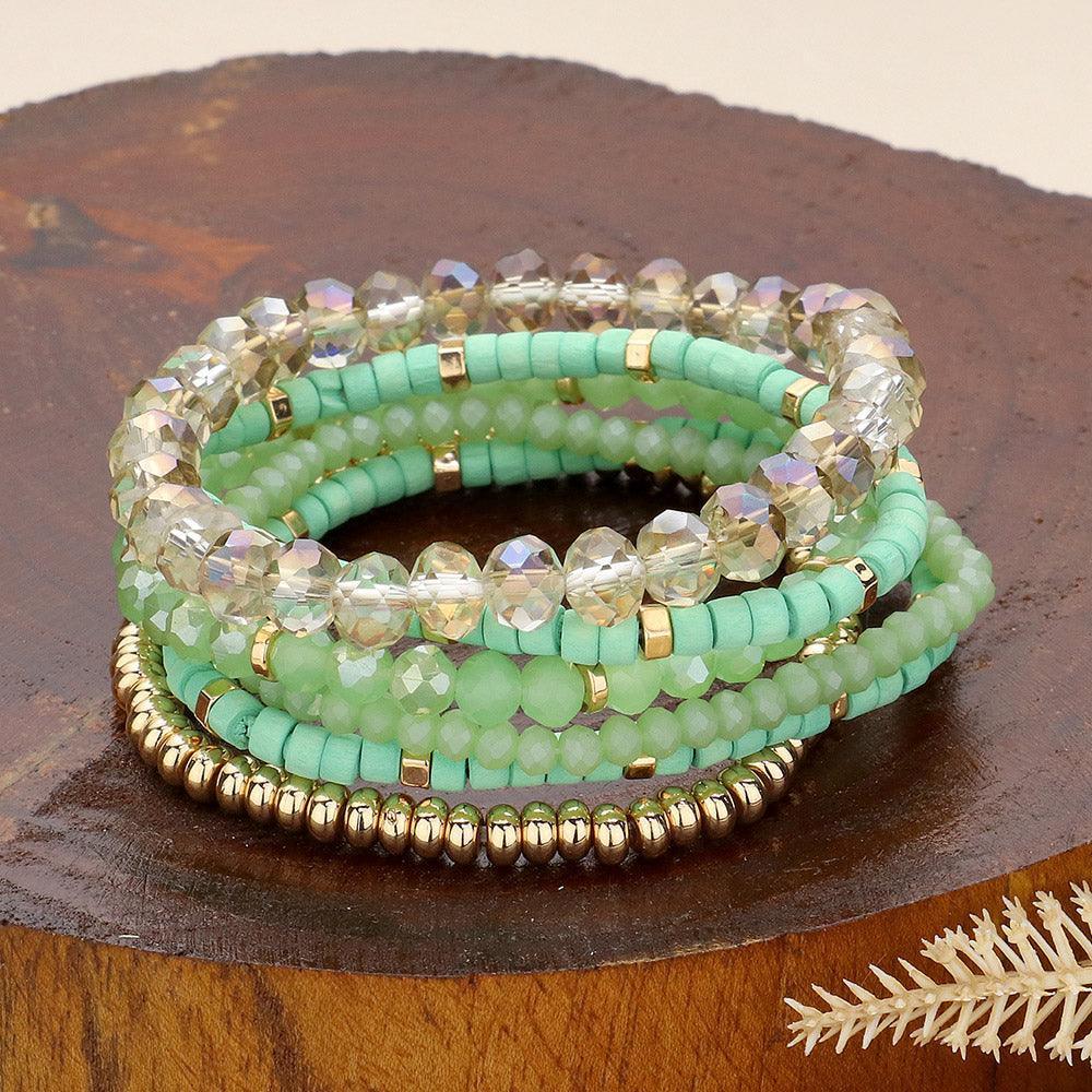 Gold 6PCS - Faceted Beaded Wood Stretch Multi Layered Bracelets - Jewelry Store by Erik Rayo