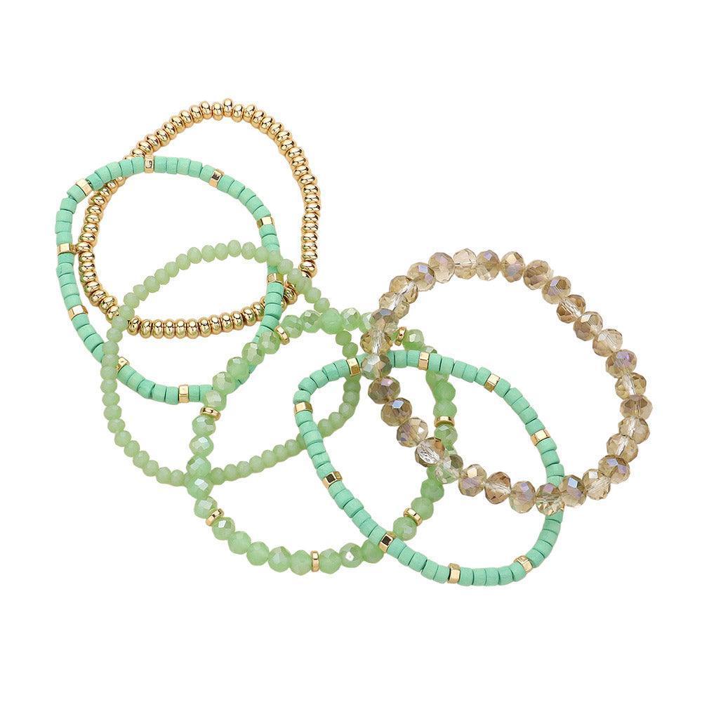 Gold 6PCS - Faceted Beaded Wood Stretch Multi Layered Bracelets - Jewelry Store by Erik Rayo