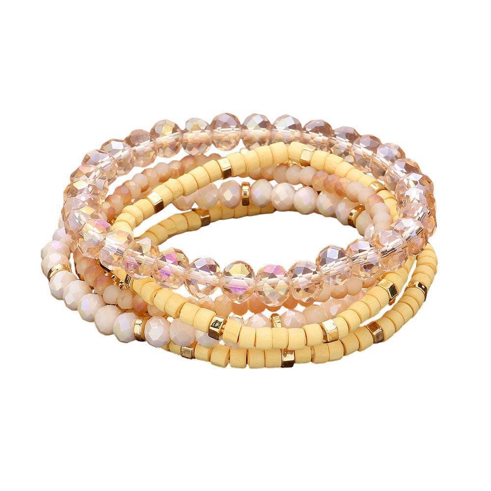 Gold 6PCS - Faceted Beaded Wood Stretch Multi Layered Bracelets - Jewelry Store by Erik Rayo