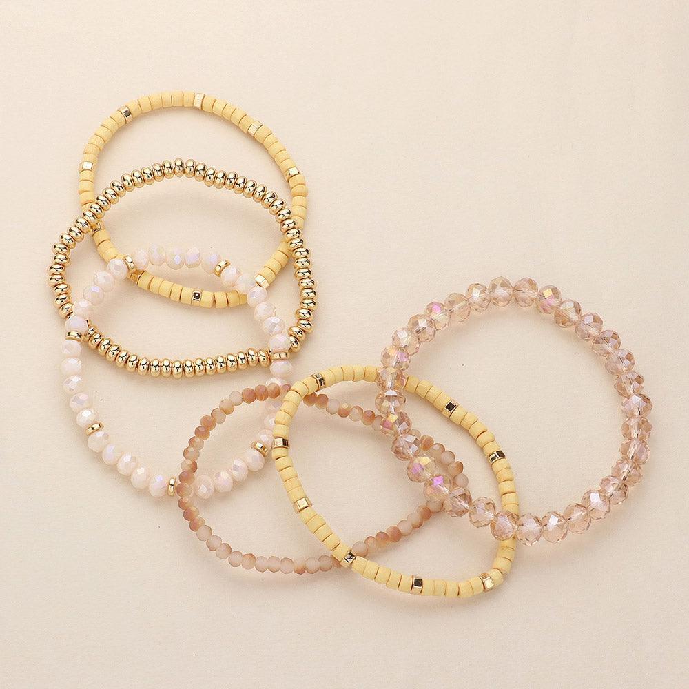 Gold 6PCS - Faceted Beaded Wood Stretch Multi Layered Bracelets - Jewelry Store by Erik Rayo