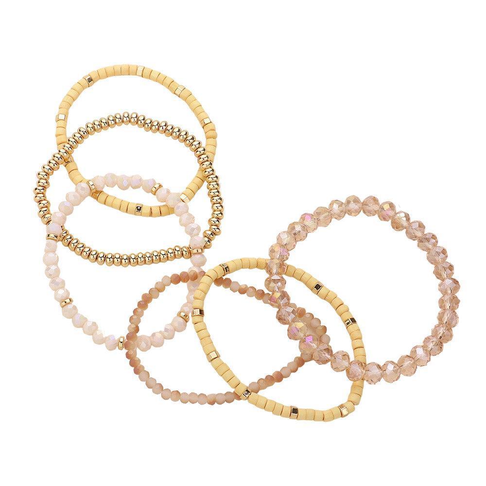 Gold 6PCS - Faceted Beaded Wood Stretch Multi Layered Bracelets - Jewelry Store by Erik Rayo