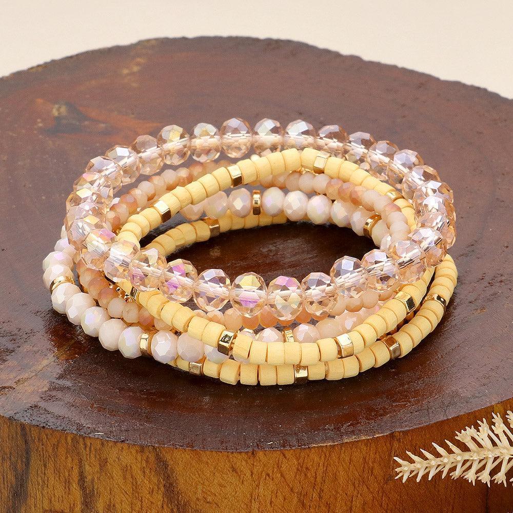 Gold 6PCS - Faceted Beaded Wood Stretch Multi Layered Bracelets - Jewelry Store by Erik Rayo