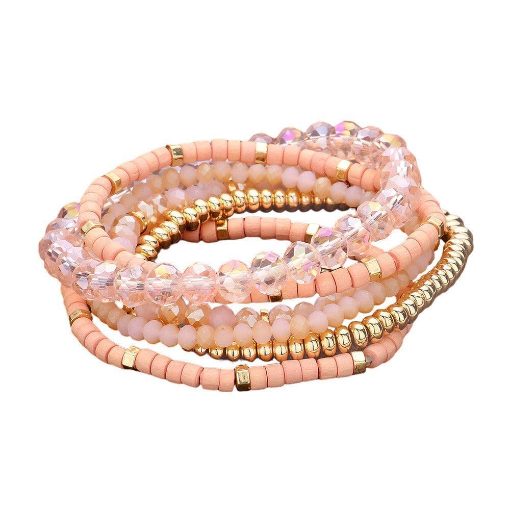 Pink 6PCS - Faceted Beaded Wood Stretch Multi Layered Bracelets - Jewelry Store by Erik Rayo